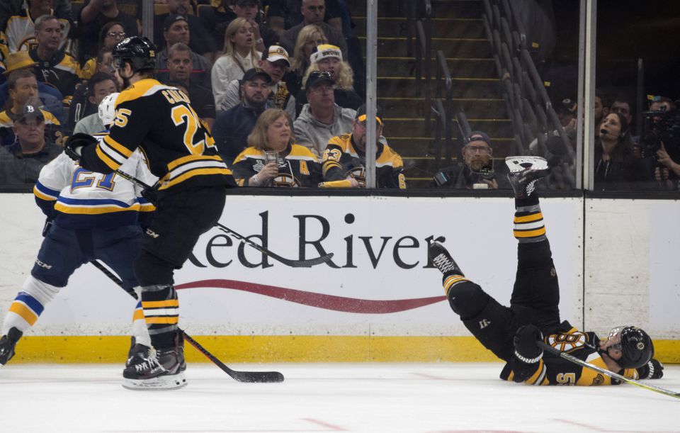 In this Saturday, May 4, 2019, photo, Boston Bruins defenseman Charlie  McAvoy skates during Game 5 of the team's NHL hockey second-round playoff  series against the Columbus Blue Jackets in Boston. According