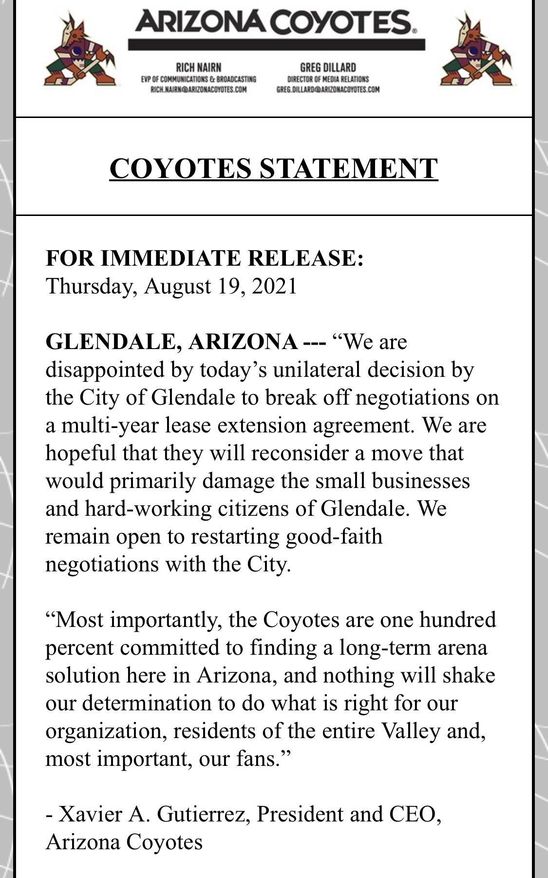 Glendale terminating Coyotes' arena lease after 2021-22 season